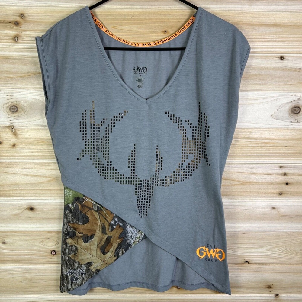 Girls With Guns Shirt Womens Medium Elk Head Camouflage Gray Hunting T-Shirt